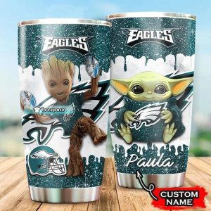 Groot And Baby Yoda Personalized Name Philadelphia Eagles Tumbler