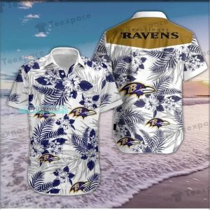 Baltimore Ravens Tropical Plant White Pattern Hawaiian Shirt 1