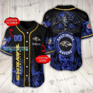 Custom Baltimore Ravens Blue Fire Skull Hell Dragon Baseball Jersey
