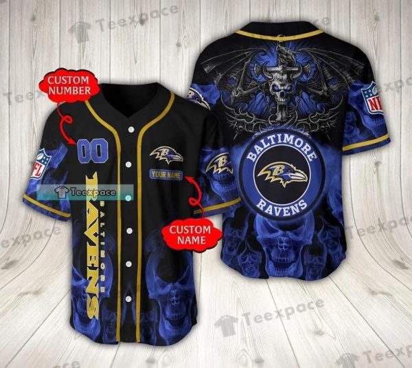 Custom Baltimore Ravens Blue Fire Skull Hell Dragon Baseball Jersey