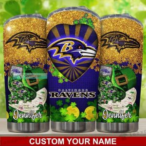 Custom Baltimore Ravens Glitter Gold Happy St. Patrick’s Day Tumbler