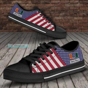 Custom Name Miami Hurricanes American Flag Low Top Canvas Shoes