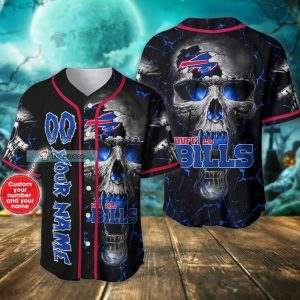 Custom Name Number Buffalo Bills Lightning Skull Baseball Jersey