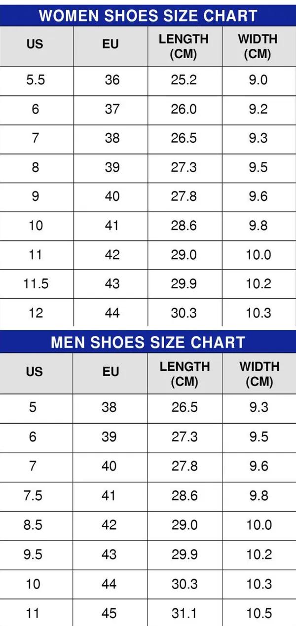 High Top Air Force Shoes size chart 1
