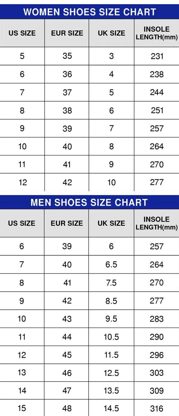 Low Top Canvas shoes size chart