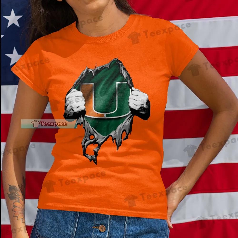 Miami Hurricanes Tearing Logo Pattern T Shirt Womens
