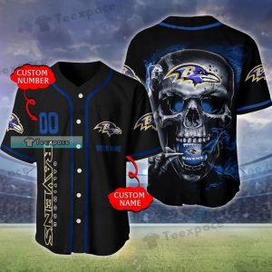 Personalized Ravens Blue Flame Skull Baltimore Ravens Baseball Jersey