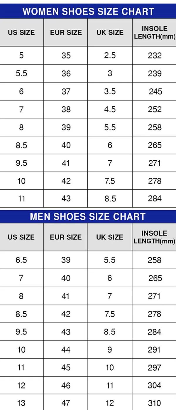 Sneakers size chart
