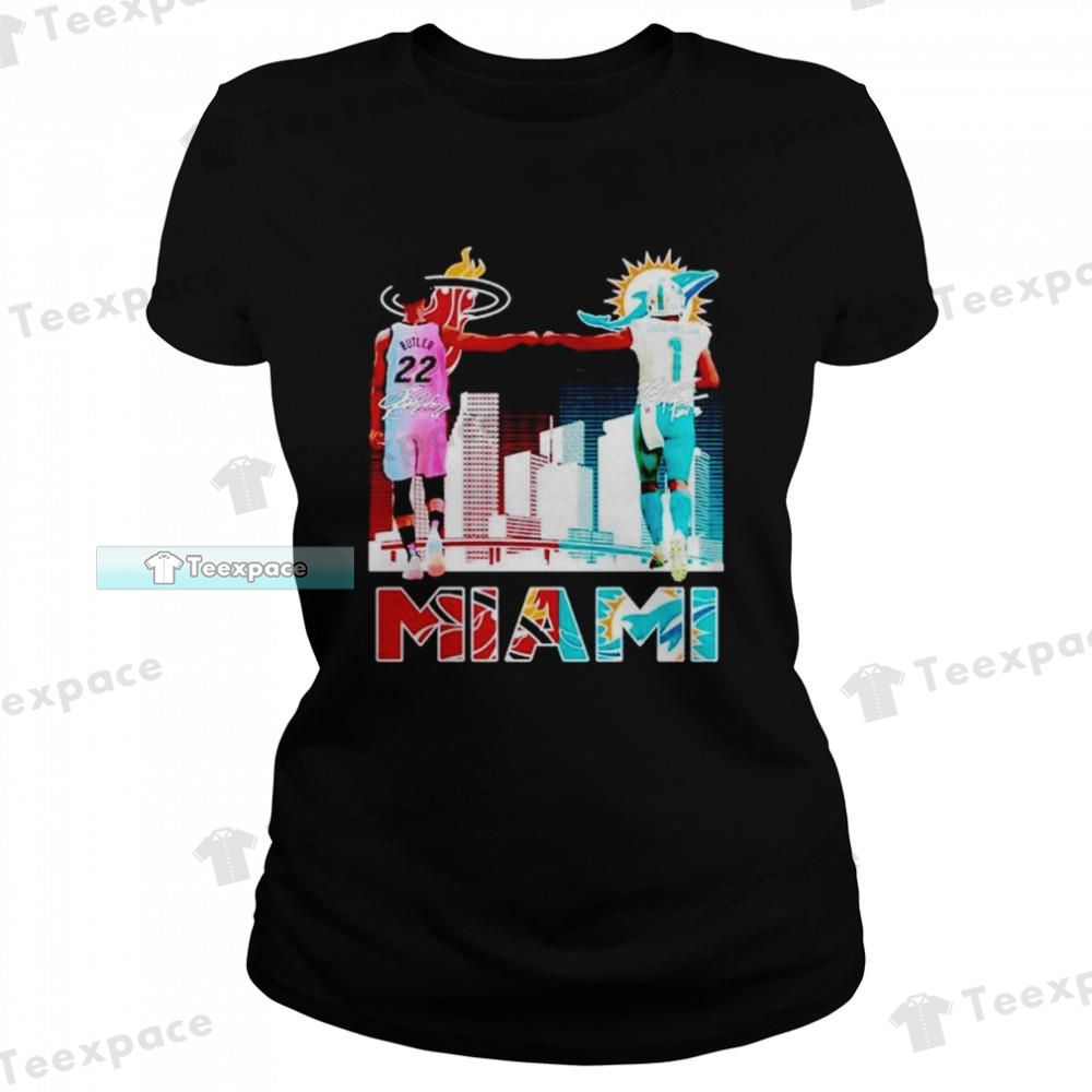 Miami Heat Butler And Jaylen Waddle Miami Dolphins Signatures T Shirt Womens