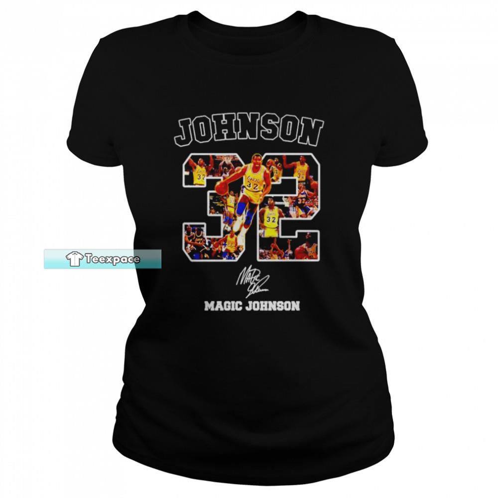 Los Angeles Lakers 32 Magic Johnson Signature T Shirt Womens
