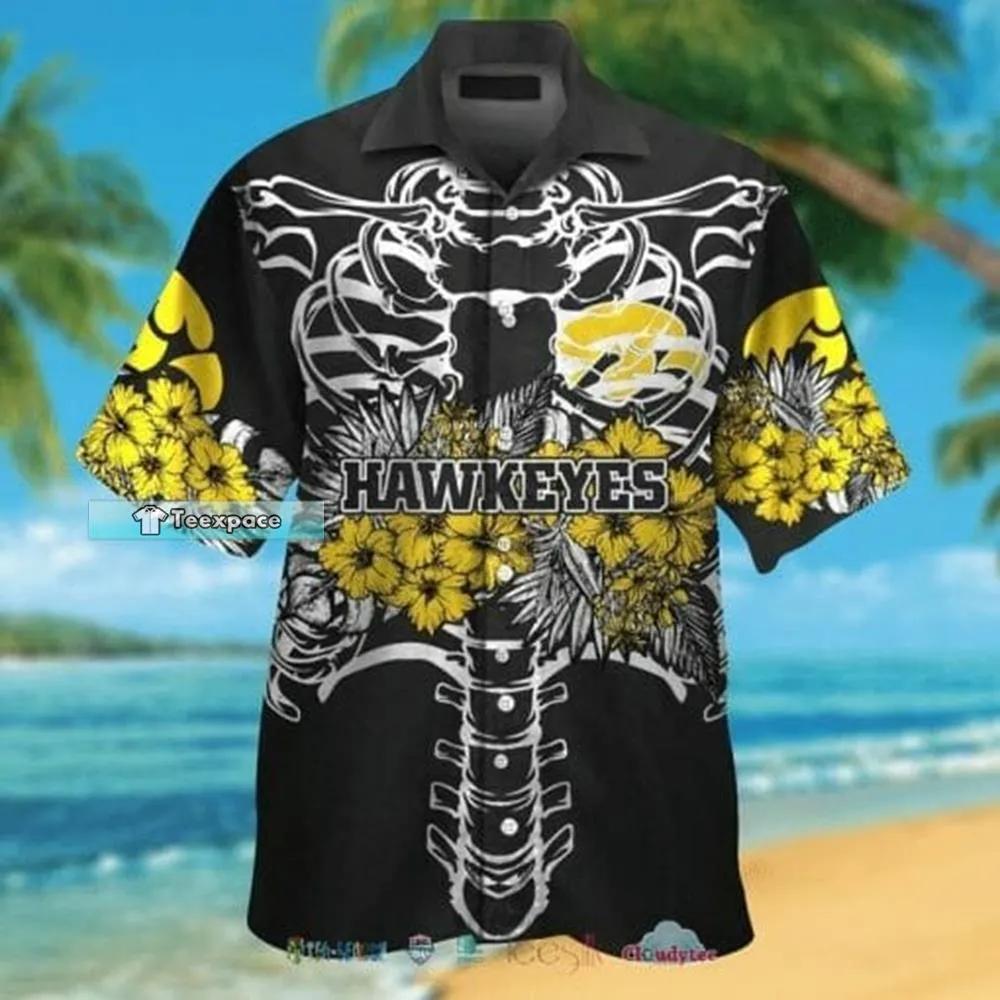 Iowa Hawkeyes Skeleton Gold Flowers Black Hawaiian Shirt